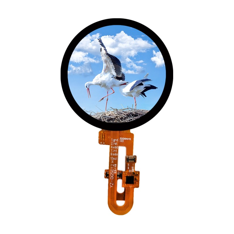 Circular LCD screen displaying white storks image, with orange flexible circuit board